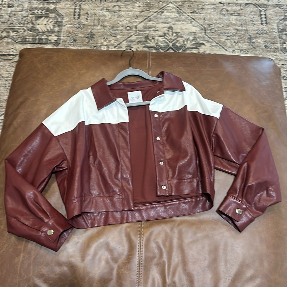 Boutique, maroon and white cropped leather jacket size medium